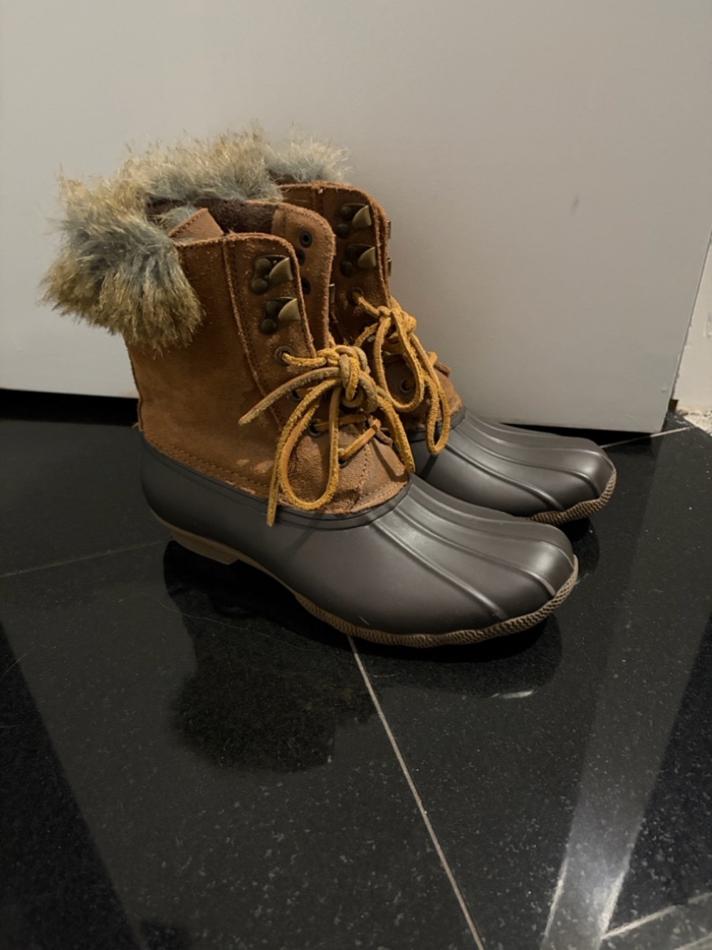 Sperry Brown and Gray Faux Fur-Trim Duck Boots